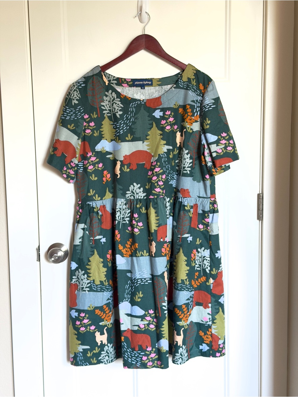 Princess Highway Woodland Forest Print Bear & Cat Floral Linen Cotton Dress PNW